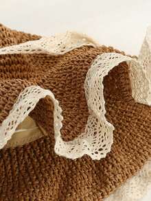 1pc Summer Lace Ribbon Straw Hat For Women, Woven Wide Brim Sun Protection Hat, Beach Vacation Bucket Hat - F - View 5