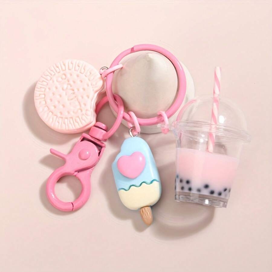 Cute Keychain Ice Cream Bubble Tea Cookie Pink Keychain - E6179 - View 1