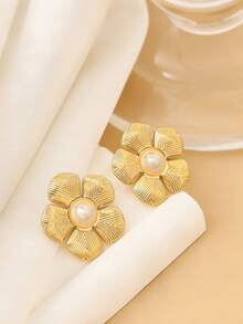 Pendientes de botón elegantes para mujer con rayas, flores, perlas y acero inoxidable dorado - Perfectos para vacaciones, viajes y fiestas, también un regalo ideal para ocasiones especiales o cumpleaños - Dorado - Ver 9