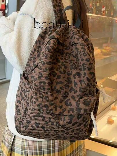Fashionable Leopard Corduroy Backpack, Vintage Casual Style, Ideal Choice For Campus And Students. This Lightweight And Spacious Backpack Is The Perfect Companion For Winter Classes, Outings, And Travel. Back-To-School Essential, Suitable For Women, Girls, And Students, Can Be Perfectly Matched With Various Backpack Accessories. This Backpack Is Suitable For School, College, And Has A Strong Campus Style. ,University Bag , Back To School