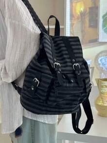 1pc Minimalist Large Capacity Multi-Pocket Striped Backpack, School Backpack Back To School Essentials, Bags For University, University Essentials ,University Bag - Black - View 3