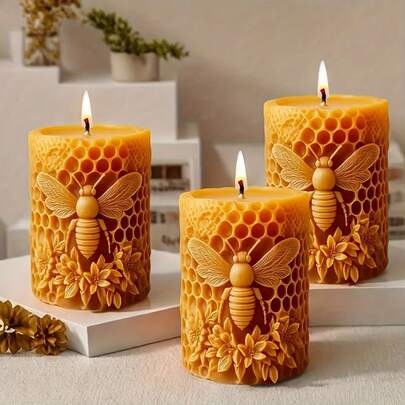 1pc 3D Silicone Pillar Candle Mold, Honeycomb Bee & Flower Relief Design Cylinder Shape DIY Beeswax Soap Resin Craft Tool For Spring Mother's Day Handmade Gift Home Decor