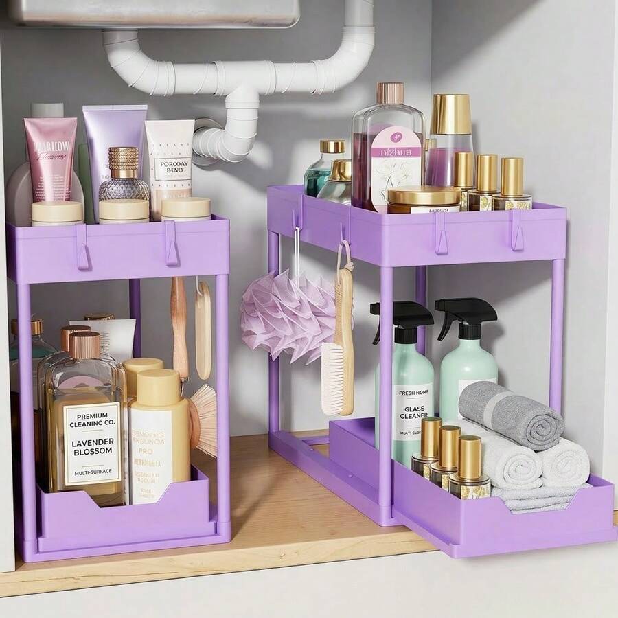 Euuztu Under Sink Organizer 2 Pack, Sink Pull-Out Sliding Storage Cabinet, 2-Tier Under Shelf Organizer Kitchen Bathroom, Purple - 紫色 - 查看 1