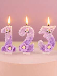 1支浪漫花朵生日蜡烛，高级蜡烛，带有0-9数字，是浪漫派对、生日蛋糕装饰、节日周年纪念派对蛋糕蜡烛的理想之选，闪亮数字蜡烛 - 淡紫色 - 查看 3