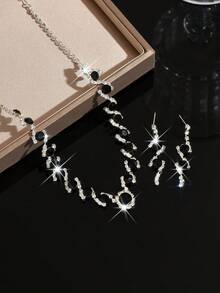 1 Set Fashionable Black Diamond Jewelry Set, Necklace And Earrings Suitable For Women's Wedding, Gala, Party Wear - Multicolor - View 9