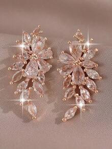 1 Pair Luxury Floral Cubic Pendant Earrings, Bridal Wedding Jewelry Girlfriend - 金色 - 查看 1