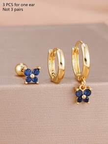 3pcs/Set 18K Gold Plated Dark Blue Zirconia Butterfly Earrings, Shiny Crystal Ear Cuff Earrings, Hypoallergenic Jewelry For Women - 3PCS-gold - View 6