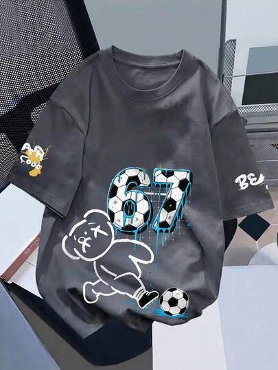 1 pieza Camiseta de manga corta con cuello redondo estampada con el número 67 y graffiti para niños, adecuada para fiesta de cumpleaños