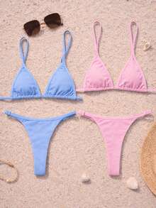 Set Of 2 Women's String Bikini Tops With Adjustable Tie Straps For Tan Lines (Sizes: S/M/L/XL), No Padding, Backless, Beachwear, Summer, Sexy, Adjustable, Vacation Set - 淺藍色和淺粉紅色 - 查看 1
