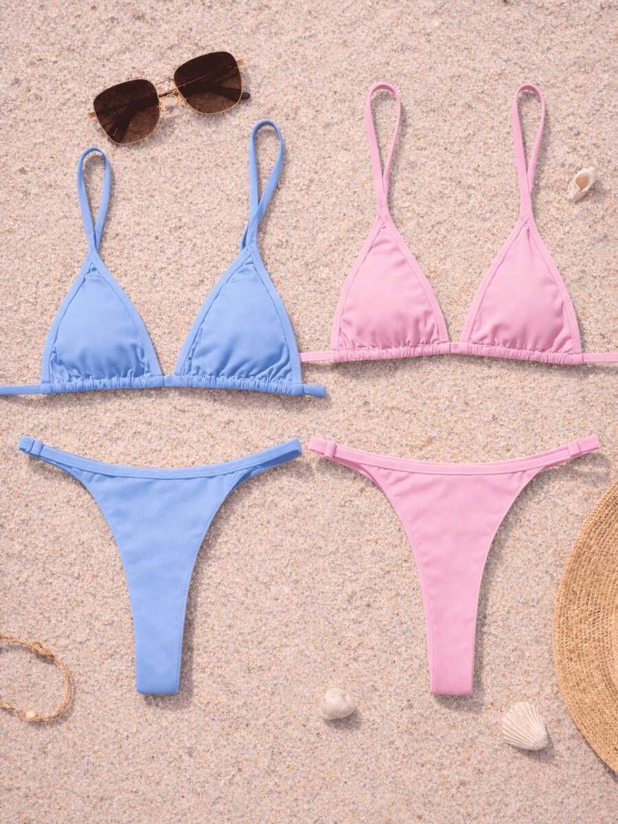 Set Of 2 Women's String Bikini Tops With Adjustable Tie Straps For Tan Lines (Sizes: S/M/L/XL), No Padding, Backless, Beachwear, Summer, Sexy, Adjustable, Vacation Set - 淺藍色和淺粉紅色 - 查看 1