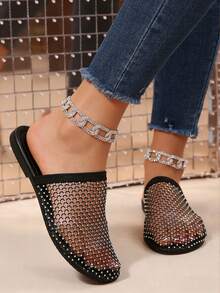 1 Pair Women's Mesh Slide Sandals, Fishnet Flat Sandals With Sequin & Rhinestone Decor, Lightweight Breathable Slip-On Mule Sandals, Hollow Design, Comfortable Beach Casual Shoes - Black - View 5