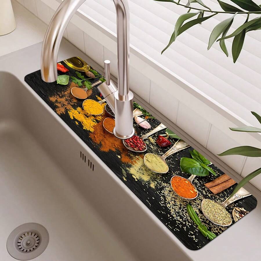 1pc, Kitchen Seasoning Pattern Sink Faucet Suction Pad, Drain Pad, Kitchen And Bathroom Sink, Countertop, Drain Pad, Diatomite Washbasin, And Cuttable Quick-Drying Pad.