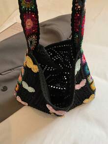 Dedoo Vintage Hollow Floral Contrast Color Casual Crossbody Bag (Flower Position Random)(Strap Color/Pattern Random) - Black - View 8