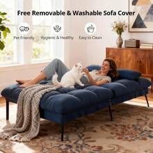 Convertible Futon Sofa Bed, 72″Fabric Futons Couch With Adjustable Backrest, Folding Sleeper Recliner For Living Room Furniture (Blue) - 藍色 - 查看 5