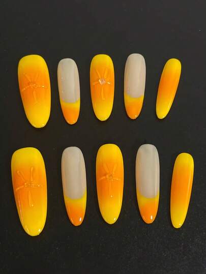 10pcs Pure Handmade Press On Nails Long Nails Oval Nails The Main Color Is A Gradient Of Orange And Yellow, With Small Transparent Flowers Scattered Throughout. It Is Transparent Yet Vibrant, Full Of A Sense Of Vitality.Gentle Elegant Cute Nails For Ladies And Girls Spring Summer Fall Winter Festivals Parties And Daily Life Use