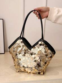 时尚闪亮心形女士包，新款个性化多功能拉链旅行包，小众设计晚宴包，适合约会、晚宴、派对、送礼 - 金色 - 查看 3