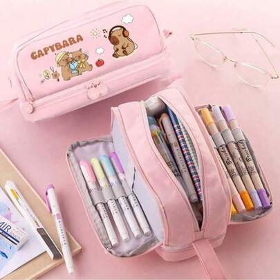 Capybara Pencil Case, Large Capacity Double Layer Stationery Box, Polyester Stationery Storage Bag, Suitable For School Students To Use., Back To School, School Supplies, Pencil Pouch, School Bag,Large-Capacity Multi-Layer Pencil Case, Back To School Supplies School Essentials Perfect For Student And Christmas Gifts