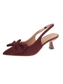 2026春夏新款法式黑色尖头凉鞋，优雅黑色蝴蝶结尖头细高跟后跟带低鞋面女式高跟鞋 - 酒紅色 - 查看 6