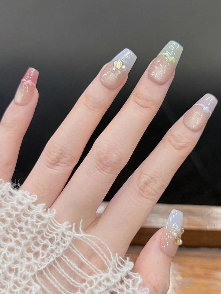 10個セット プレスオンネイルチップ、レインボーキャンディーコリジョンカラー、マルチカラーのきらめくガラスビーズ猫の目、手描きのラインストーンのスウィートハンドメイド着用可能ネイル - マルチカラー - 見る 2