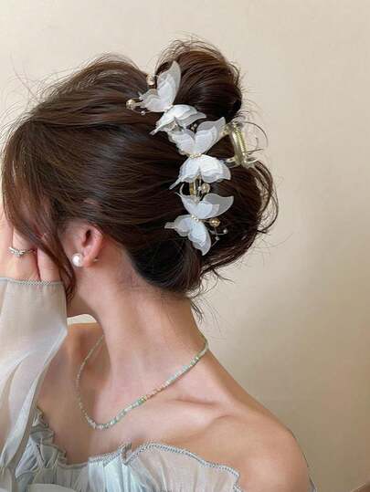 1pc Oversized Pearl & Rhinestone Butterfly Shaped Hair Clip, Sweet & Cute Hair Accessory For Daily Casual And Party Wear, Pink