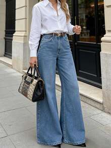 Women's Fashionable Washed Wide-Leg Jeans, Long Casual Style With Practical Pockets And Medium Stretch Fabric Spring - Medium Wash - View 1