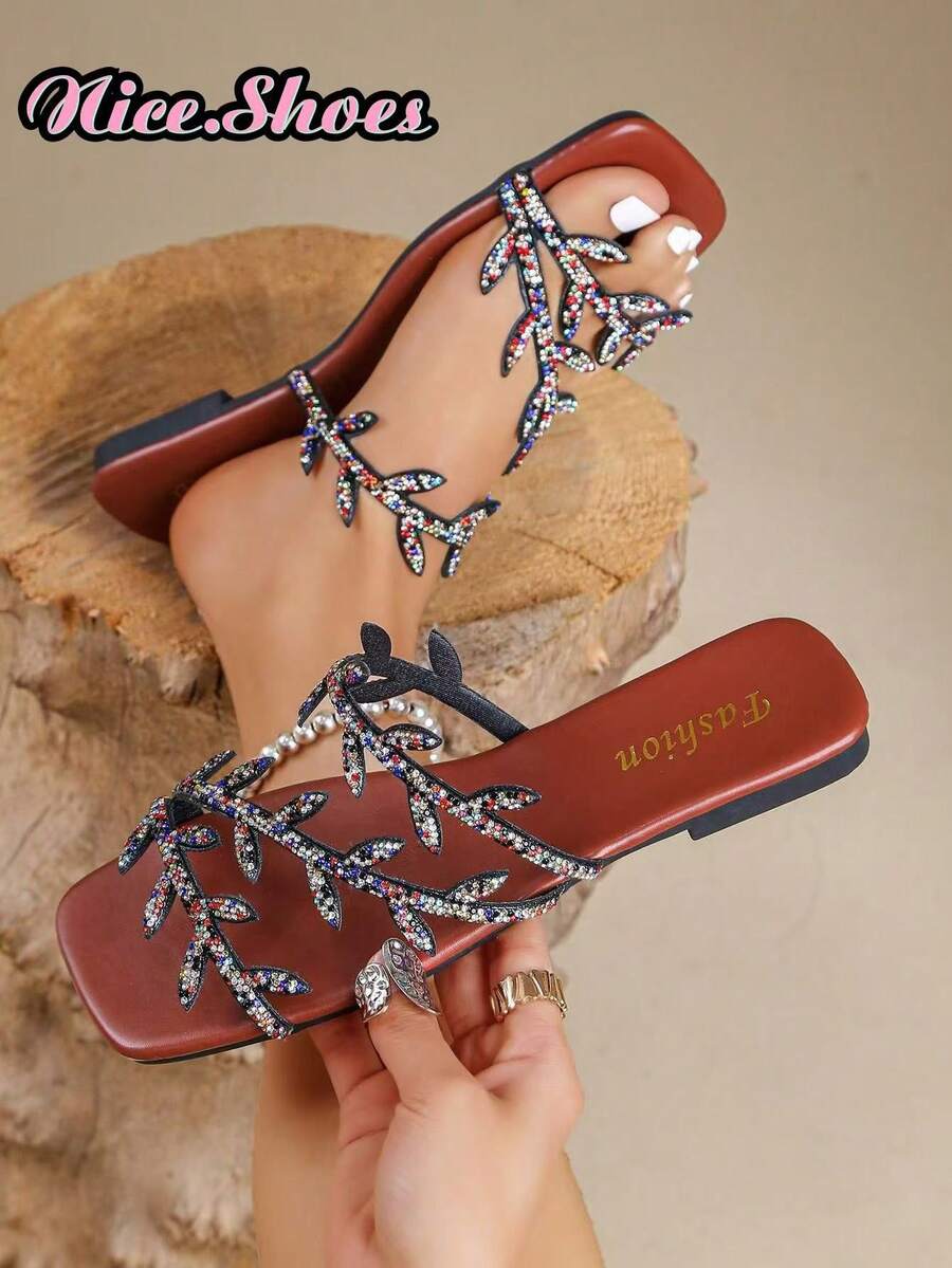 Sandalias planas con puntera cuadrada y hojas con rhinestones para mujer, estilo elegante y lujoso adecuado para uso diario, citas, fiestas y vacaciones - Sandalias planas con puntera cuadrada, hojas y rhinestones en color plateado, Sandalias planas con puntera cuadrada, hojas y rhinestones de colores - Negro - Ver 1