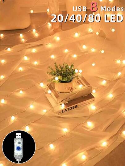 1pc 3/6/10M/20/40/80 LED Globe Lights, USB Powered, Suitable For Bedroom, Living Room, Party, Wedding, Home, Holiday Party Supplies, Party Decor, Holiday Decor