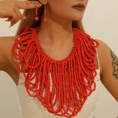 1 Set Handmade Exaggerated Multi-Layer Beaded Necklace, Earrings, Bracelet, Bohemian South Asian Style, Fashionable Vintage, Suitable For Formal Events, Parties, Holidays, Casual Wear [Random Color Arrangement]