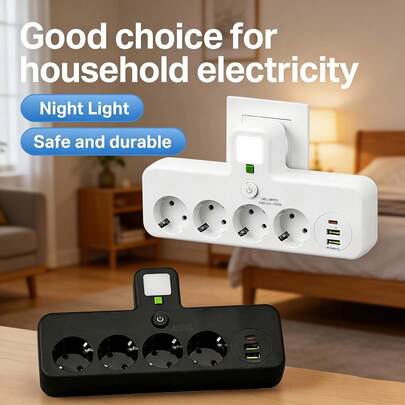 Ổ cắm điện đa năng 4 lỗ kiểu EU, 2 cổng USB và 1 cổng Type-C, không kèm dây nối dài, công suất tối đa 2500W.