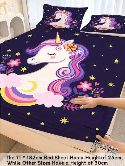 2/3PCS Unicorn Floral Starry Night Bedding Set For Girls, 3 PiecesSoft Microfiber Fitted Sheet With Pillowcases, Cute Unicorn Bedroom Decor, Fits Twin/Full/Queen Mattresses