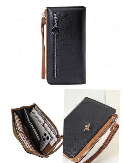 Mode Matériau doux Haute Broderie Portable Décontracté Noir Portefeuille Mobile Femmes Portefeuille Mobile Zippé Convient pour les courses Indispensable de voyage pour les hommes Porte-monnaie Portefeuille Long Portefeuille Été