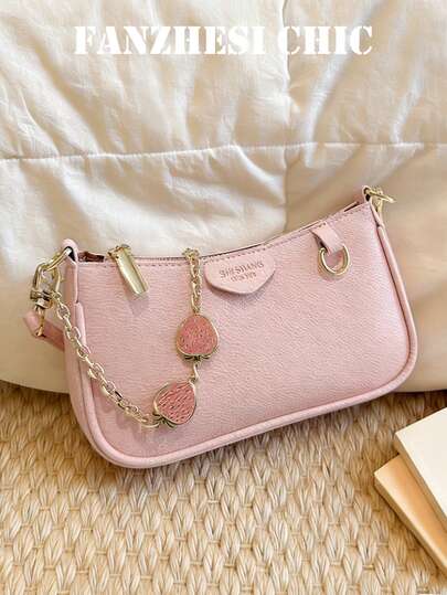 Túi xách một vai kiểu dáng cổ điển mới, màu trơn, chất liệu PU chống thấm nước, họa tiết dâu tây, dây xích kim loại trang trí, túi đeo chéo tay thanh lịch, túi công sở, thích hợp cho du lịch, mua sắm, tiệc tùng, lễ hội.