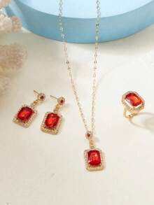 Bộ trang sức 4 món đơn giản hình vuông đính đá cho nữ, bao gồm bông tai, dây chuyền và nhẫn, trang sức thời trang hàng ngày (Không kèm hộp quà) - Nhiều màu - Xem 5