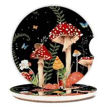 2 Pack Cute Mushroom Pattern Absorbent Car Coasters 2.56 Ceramic Coasters With Cork Back And Finger Slot For Cup Holders Auto Accessories In Brown For Women Men - Mushroom - View 1