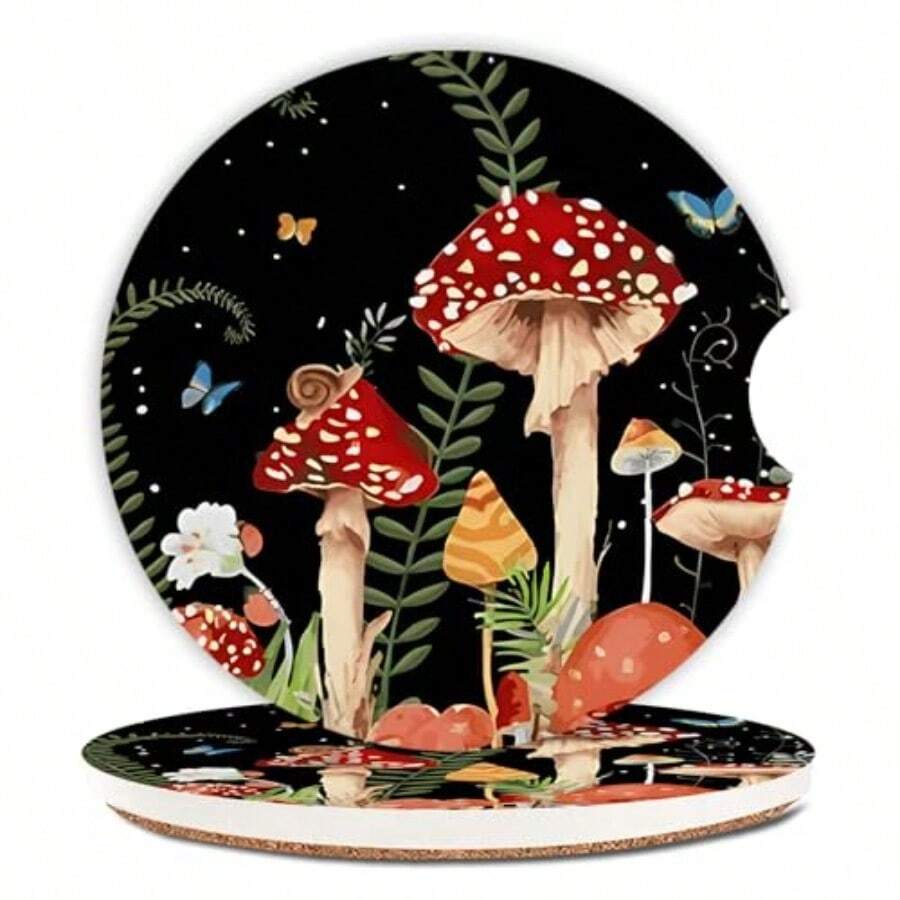 2 Pack Cute Mushroom Pattern Absorbent Car Coasters 2.56 Ceramic Coasters With Cork Back And Finger Slot For Cup Holders Auto Accessories In Brown For Women Men - Mushroom - View 1