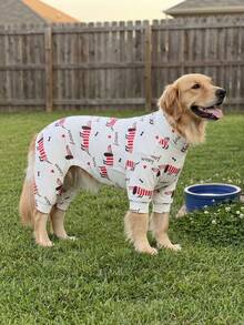 狗狗夏季防掉毛睡衣 - 透气高弹全包覆宠物连体衣，夏季防舔舐防虫连体服，适合中大型犬，全身印花狗狗服装 - 可爱腊肠犬图案 - 白色 - 查看 7