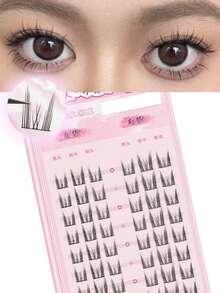 48pcs Cat Ear Shaped False Eyelashes, Natural & Thick Style, Asian Cute Demon Vibe, Easy Wear For Beginners, Reusable - View 1