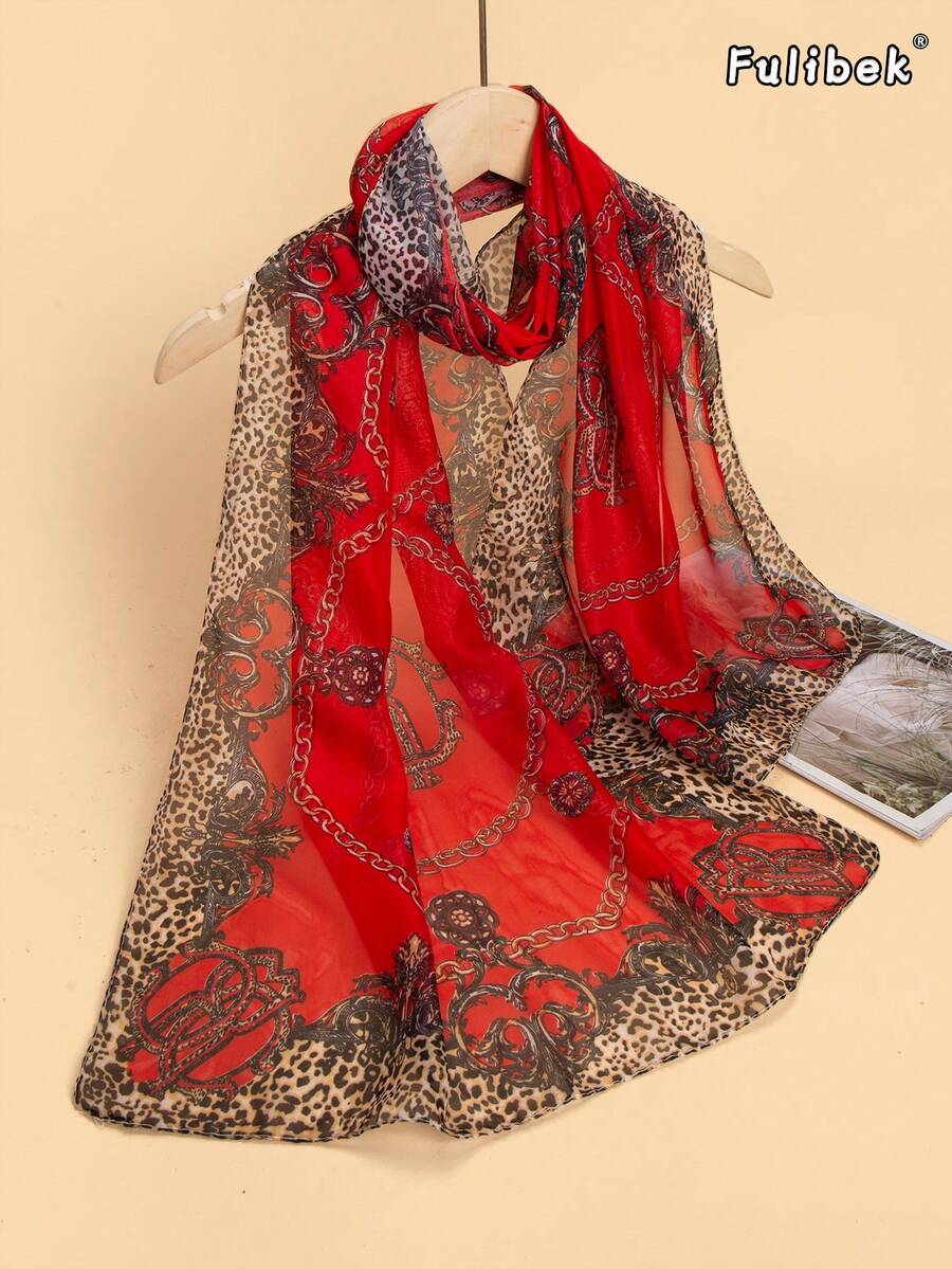 1pc Lightweight Chiffon Printed Scarf, Sun Protection & Decorative Shawl,Beach,Holiday - Red - View 1