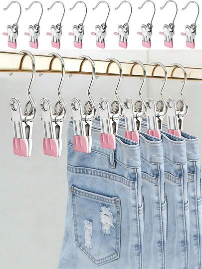 10 pièces de pinces à linge de haute qualité en acier inoxydable, cintres métalliques réglables avec pinces et crochets. Pinces à linge portables qui économisent l'espace. Convient pour accrocher les soutiens-gorge, les chemises, les sous-vêtements, les gilets, les chapeaux, les cravates, les bretelles de soutien-gorge et autres vêtements.