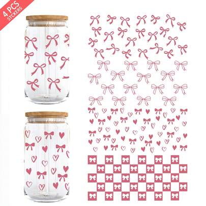 4pcs/Set 16oz Glass Cup Wrap UV DTF Transfer Sticker (9.4x4.3in) No Heat Needed, Pink Bow Ribbon Aesthetic, Cherry Heart Leopard Print Minimalist Floral Decal, Waterproof Rub On Sticker For Libbey Can Tumbler DIY Craft Gift For Women Girls