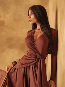 Women's Long Wrap Jumpsuit With Long Sleeves In Elegant Fluity Knit Fabric For Parties And Harem Dresses - Rust Brown - View 3