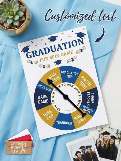 Trò chơi quay số tốt nghiệp tùy chỉnh, Trò chơi tiệc tốt nghiệp cá nhân hóa, Hoạt động tốt nghiệp in chữ tùy chỉnh, Trò chơi quay số vui nhộn tốt nghiệp, Giấy bìa cứng, In chữ tùy chỉnh, Thiết kế tốt nghiệp màu xanh vàng, Có phong bì, Có thể tái sử dụng, Sinh viên tốt nghiệp, Học sinh, Phụ huynh, Chủ tiệc, Giáo viên, Lễ tốt nghiệp, Tiệc tốt nghiệp, Họp lớp, Trở lại trường, Họp mặt gia đình, Quà tặng tốt nghiệp, Trang trí sự kiện, Gian chụp ảnh, Đêm trò chơi, Lễ tốt nghiệp, Kỷ niệm, Sinh nhật, Ngày Nhà giáo