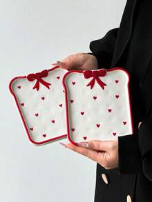 1pc/4pcs Pink Heart & Bow Ceramic Plate, Cute Hand-Painted Heart Ceramic Plate/Snack Dish/Trinket Tray, Korean Ins Style - Multicolor - View 18