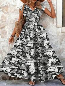 Novo Vestido Longo Boho de Estampa Tropical Plus Size - Vestido Maxi Elegante com Decote em V, Cintura Franzida e Babados para Mulheres em Férias, Verão Preto - Preto - Visão 3