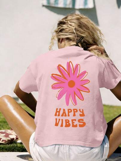 Y2K 享受快乐氛围，少女休闲度假时尚简约印花宽松T恤，适合青少年女孩夏季上衣、青少年衬衫