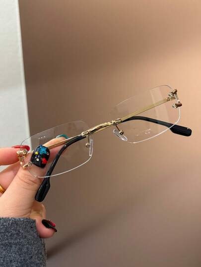 1副奢华金色边框时尚无度数眼镜，男女通用商务矩形镜框，适合日常佩戴，防止视觉疲劳，适用于电脑、电视、游戏和智能手机使用，透明镜片时尚眼镜