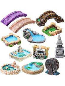 8pcs Mini Fairy Garden Accessories Set, Including Small Stone Bridge, Pond, Lighthouse, Water Well, Water Wheel And Other Resin Decor, Suitable For Miniature Fairy Garden, Aquarium, DIY Garden, Glass Container, Potted Plant Decoration, Perfect Birthday Gift (Random Style) - A - View 2