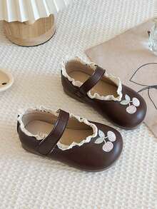 1双女童甜美樱桃刺绣玛丽珍鞋，春秋季蕾丝边软底公主鞋，儿童魔术贴小皮鞋 - 棕色 - 查看 3