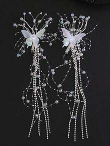 Crystal Butterfly Tassel Hair Clips, Perfect For Bridal Updo, Festival Photos Or Gifts Elegant Headwear. Valentine's Day Accessories,Wedding Hair Accessories - 白色 - 查看 7