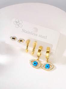 6件套不锈钢水钻恶魔眼耳环套装，适合女性日常、旅行、派对佩戴 - 彩色 - 查看 3
